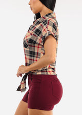 Tie Front Button Up Plaid Shirt Taupe & Black