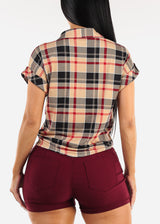 Tie Front Button Up Plaid Shirt Taupe & Black