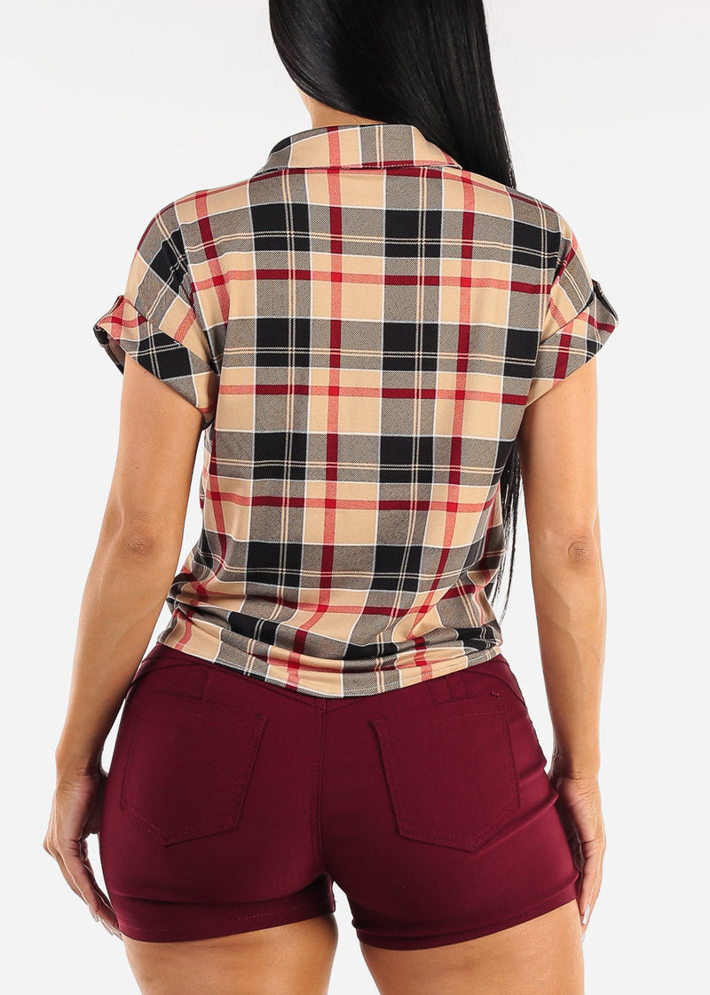 Tie Front Button Up Plaid Shirt Taupe & Black