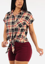 Tie Front Button Up Plaid Shirt Taupe & Black