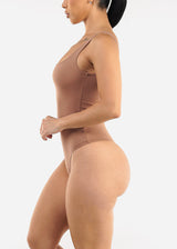 Sleeveless Square Neck Thong Bodysuit Light Brown