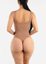 Sleeveless Square Neck Thong Bodysuit Light Brown