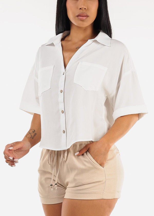 Short Sleeve Button Up Woven Shirt White