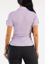 Short Sleeve Button Up Ruched Blouse Lavender