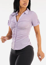Short Sleeve Button Up Ruched Blouse Lavender