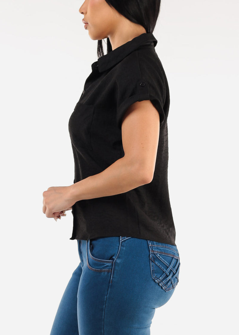 Short Sleeve Button Up Collared Blouse Black
