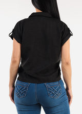 Short Sleeve Button Up Collared Blouse Black