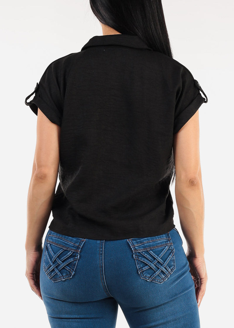 Short Sleeve Button Up Collared Blouse Black