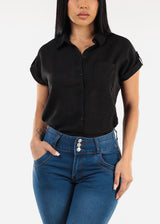 Short Sleeve Button Up Collared Blouse Black