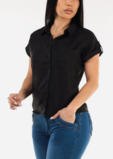 Short Sleeve Button Up Collared Blouse Black
