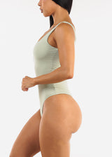 Wide Square Neck Ribbed Thong Bodysuit Light Sage