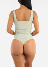 Wide Square Neck Ribbed Thong Bodysuit Light Sage
