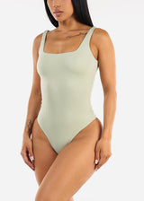 Wide Square Neck Ribbed Thong Bodysuit Light Sage