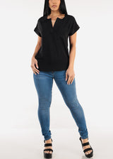 Casual Short Sleeve Vneck Blouse Black