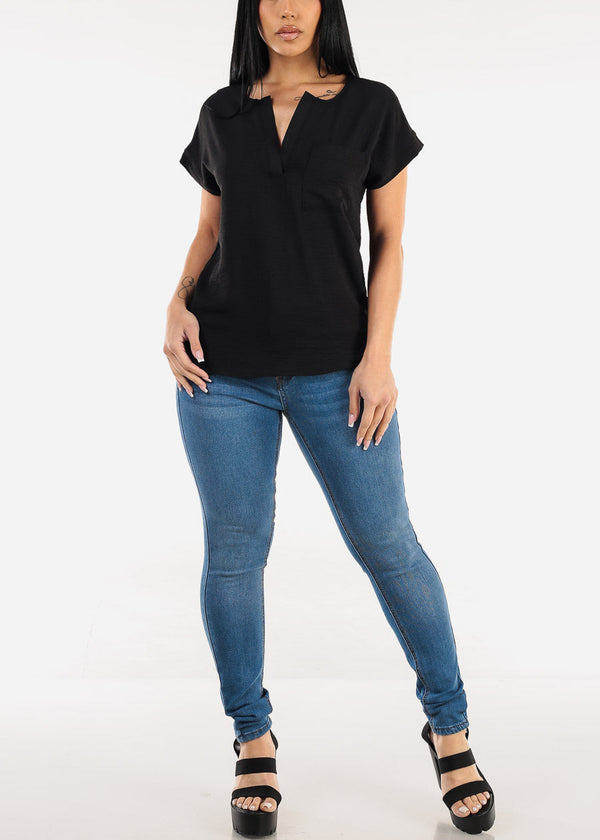 Casual Short Sleeve Vneck Blouse Black