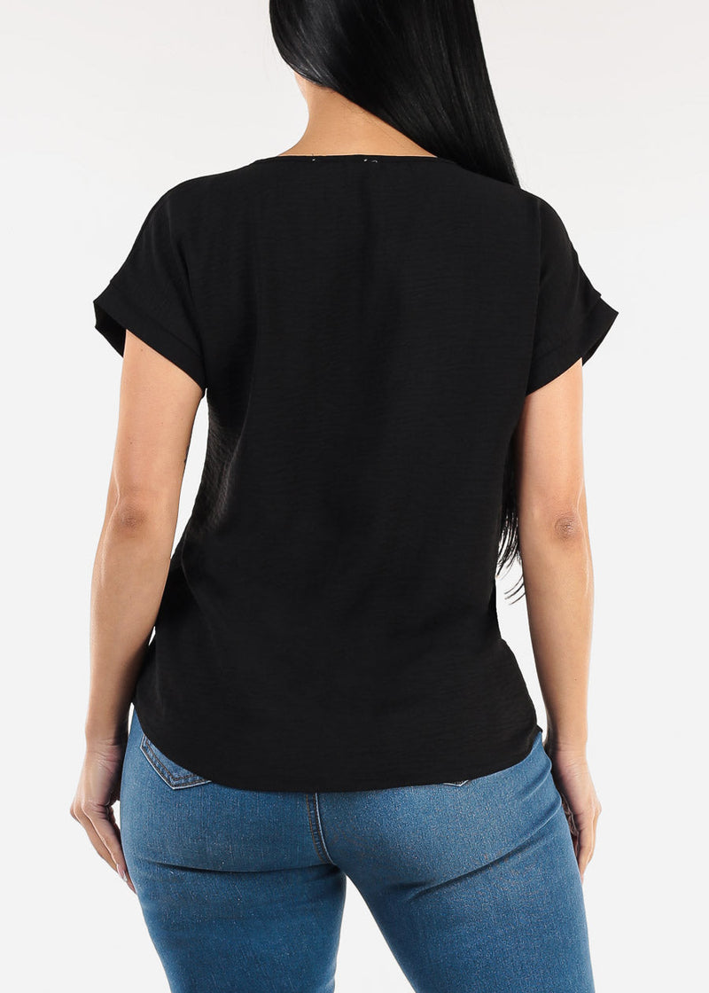 Casual Short Sleeve Vneck Blouse Black