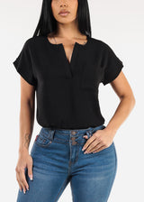 Casual Short Sleeve Vneck Blouse Black
