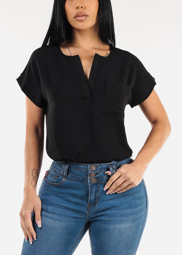 Casual Short Sleeve Vneck Blouse Black