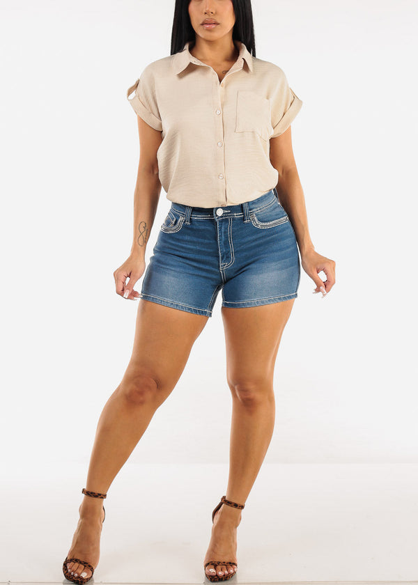Short Sleeve Button Up Collared Blouse Beige