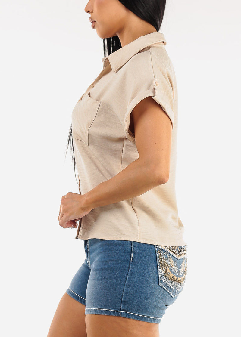 Short Sleeve Button Up Collared Blouse Beige