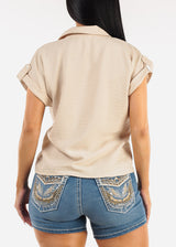 Short Sleeve Button Up Collared Blouse Beige