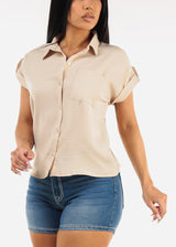 Short Sleeve Button Up Collared Blouse Beige