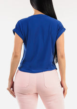 Cuffed Short Sleeve Vneck Stretch Blouse Royal Blue