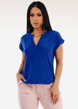 Cuffed Short Sleeve Vneck Stretch Blouse Royal Blue