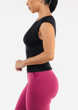 Black Cap Sleeve Ruched Stretch Top