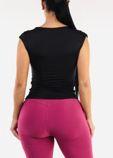 Black Cap Sleeve Ruched Stretch Top