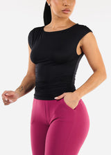 Black Cap Sleeve Ruched Stretch Top