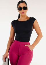 Black Cap Sleeve Ruched Stretch Top