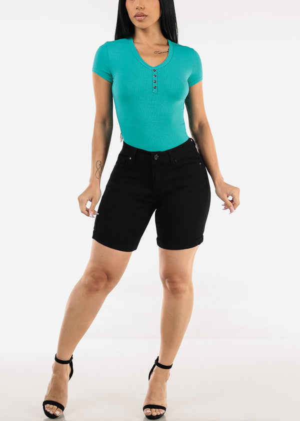 Stretchy Short Sleeve Ribbed Top Jade