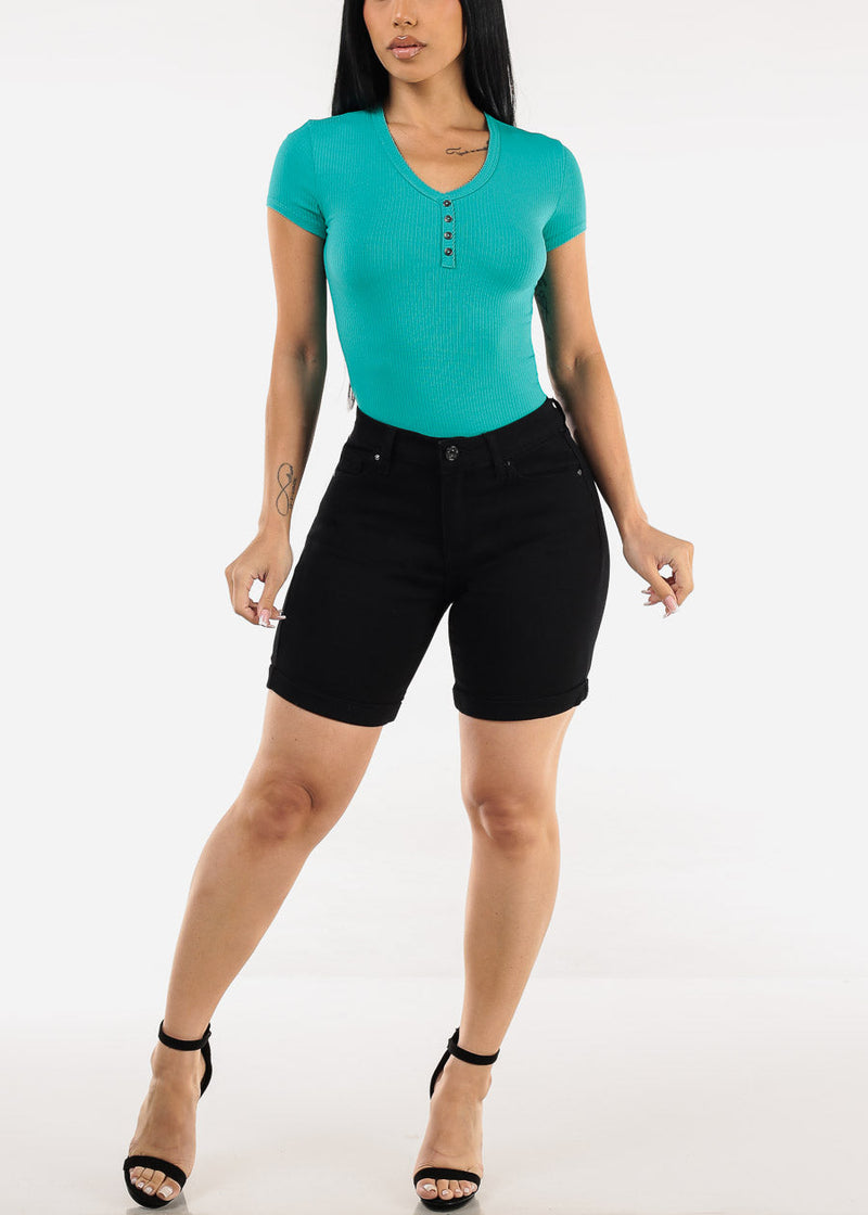 Stretchy Short Sleeve Ribbed Top Jade