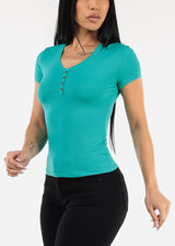 Stretchy Short Sleeve Ribbed Top Jade