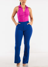 Stretchy Ruched Sleeveless Collared Blouse Fuchsia
