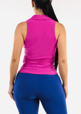 Stretchy Ruched Sleeveless Collared Blouse Fuchsia