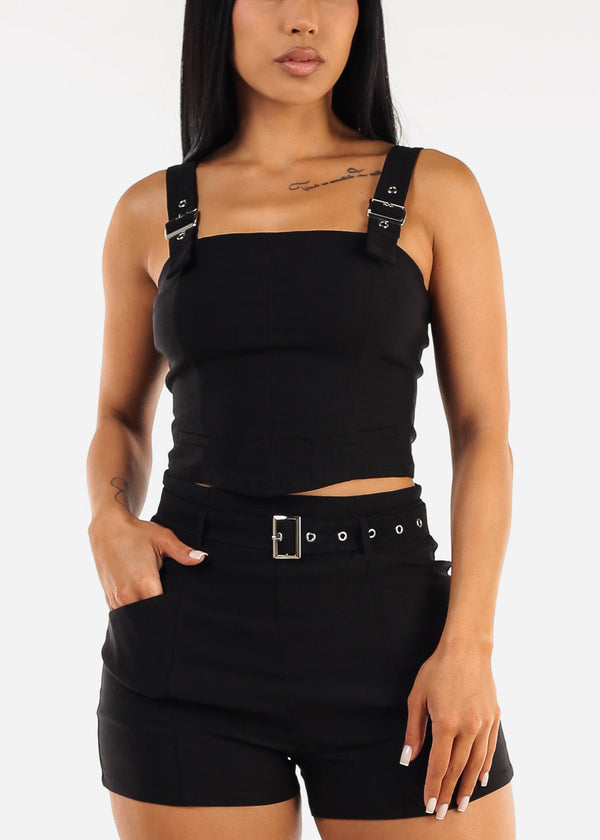 Black Crop Top with Buckle Straps