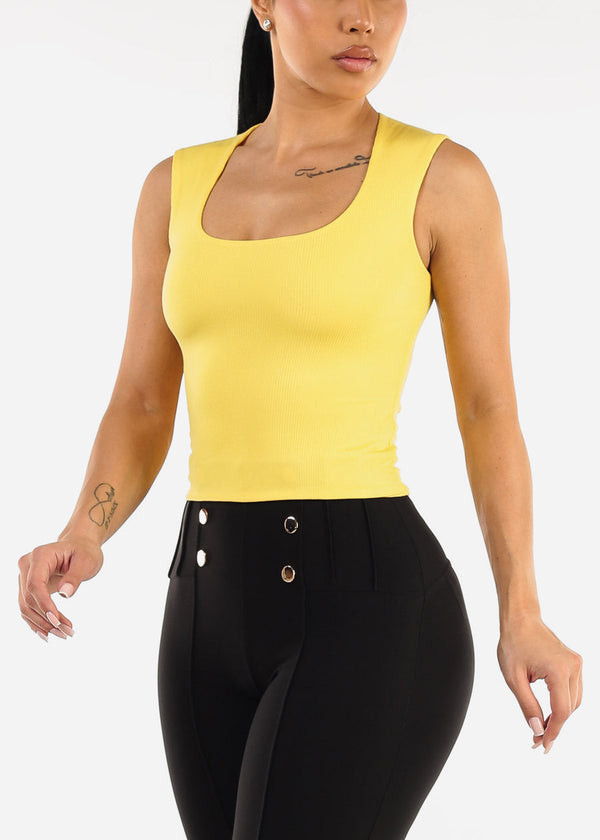Sleeveless Square Neck Ribbed Top Yellow