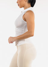Stretchy Ruched Sleeveless Collared Blouse White