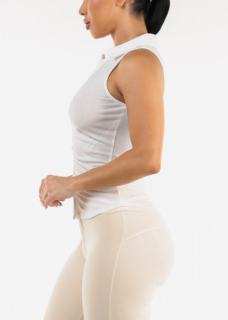 Stretchy Ruched Sleeveless Collared Blouse White