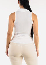 Stretchy Ruched Sleeveless Collared Blouse White