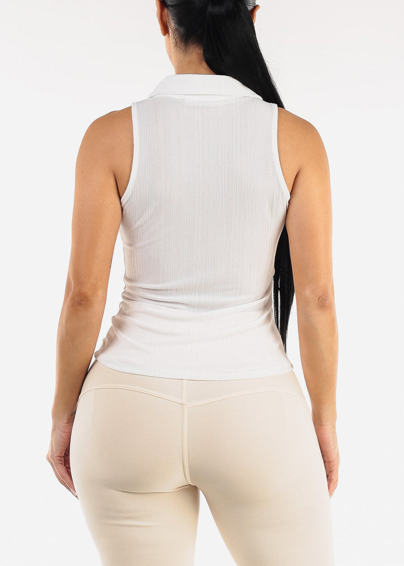 Stretchy Ruched Sleeveless Collared Blouse White