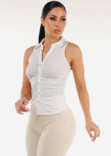 Stretchy Ruched Sleeveless Collared Blouse White
