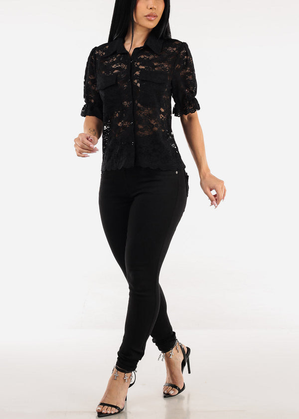 Lace Short Sleeve Button Up Collared Blouse Black