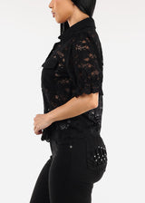 Lace Short Sleeve Button Up Collared Blouse Black