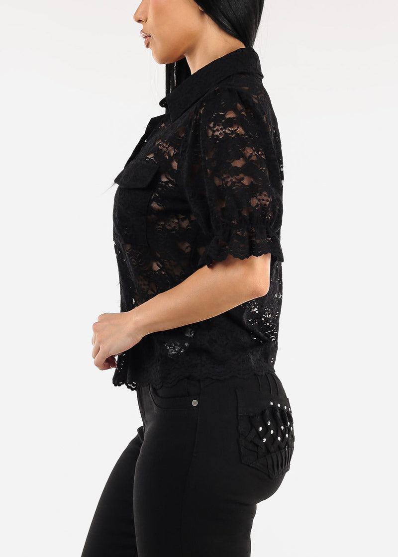 Lace Short Sleeve Button Up Collared Blouse Black