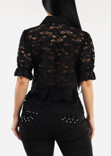 Lace Short Sleeve Button Up Collared Blouse Black