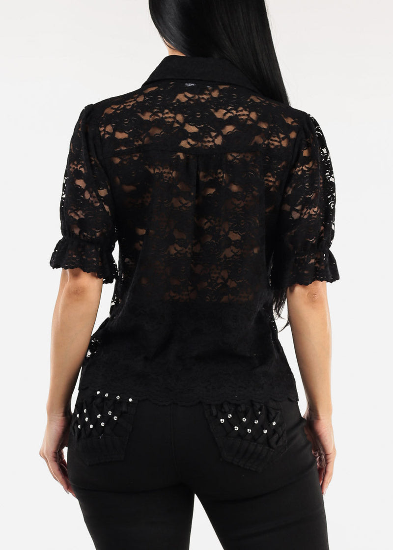 Lace Short Sleeve Button Up Collared Blouse Black