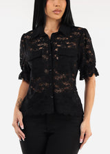 Lace Short Sleeve Button Up Collared Blouse Black